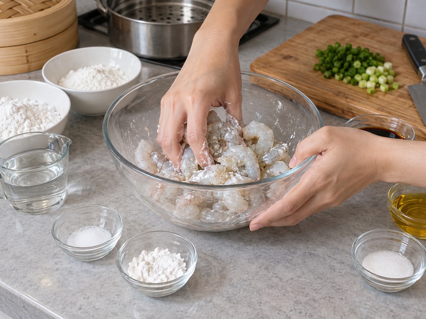 Cantonese Shrimp Rice Noodle Rolls — Toss shrimp with salt, white pepper and cornflour