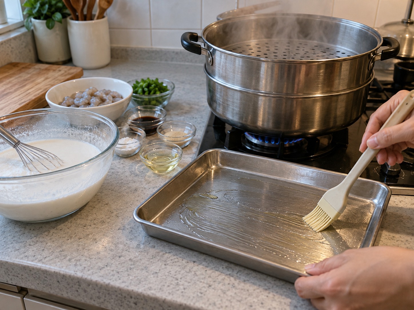 Cantonese Shrimp Rice Noodle Rolls — Bring the steamer to a boil and oil a flat tray lightly