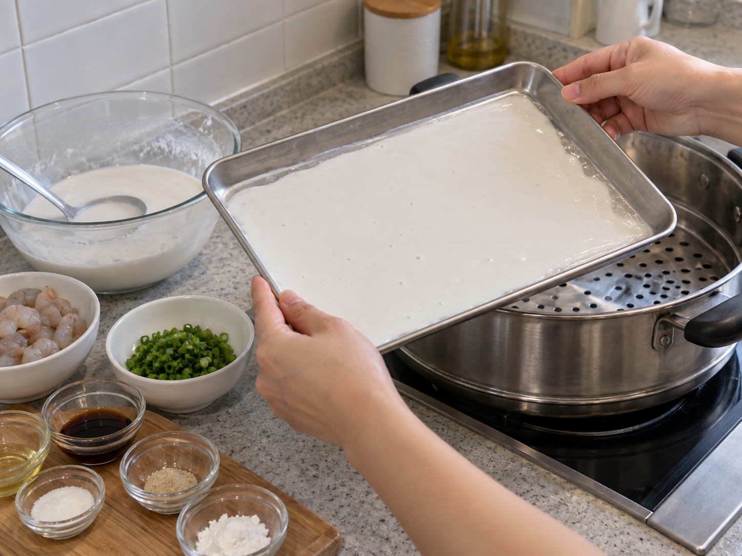 Cantonese Shrimp Rice Noodle Rolls — Pour a thin layer of batter and tilt the tray to spread it