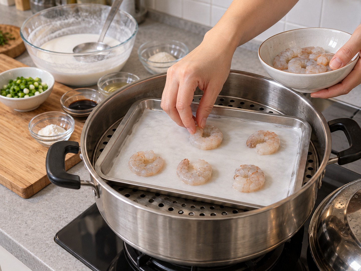 Cantonese Shrimp Rice Noodle Rolls — Arrange shrimp on the sheet and steam over high heat for two minutes