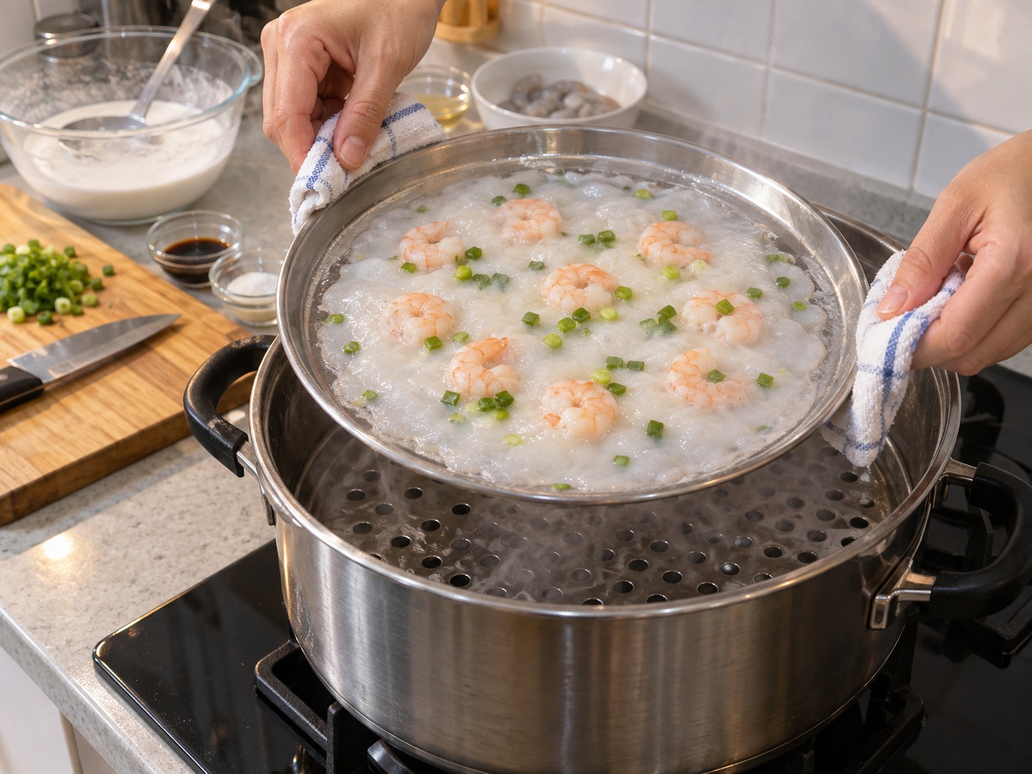 Cantonese Shrimp Rice Noodle Rolls — Remove when the sheet bubbles and the shrimp turns opaque