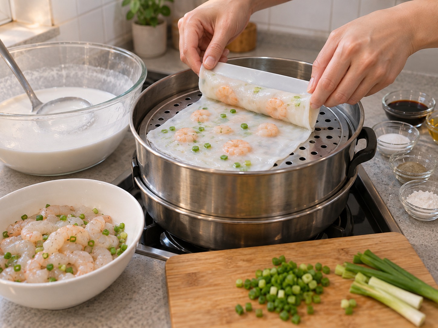 Cantonese Shrimp Rice Noodle Rolls — Repeat until all batter and shrimp are used