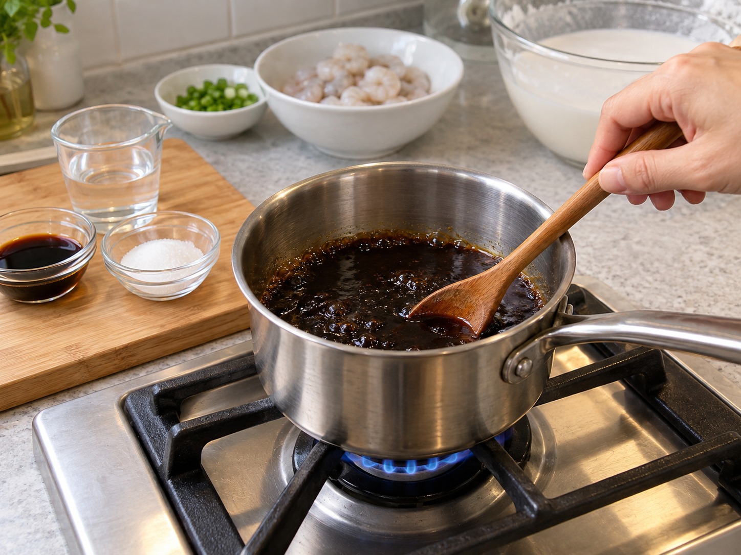 Cantonese Shrimp Rice Noodle Rolls — Simmer soy sauce, sugar and water for one minute
