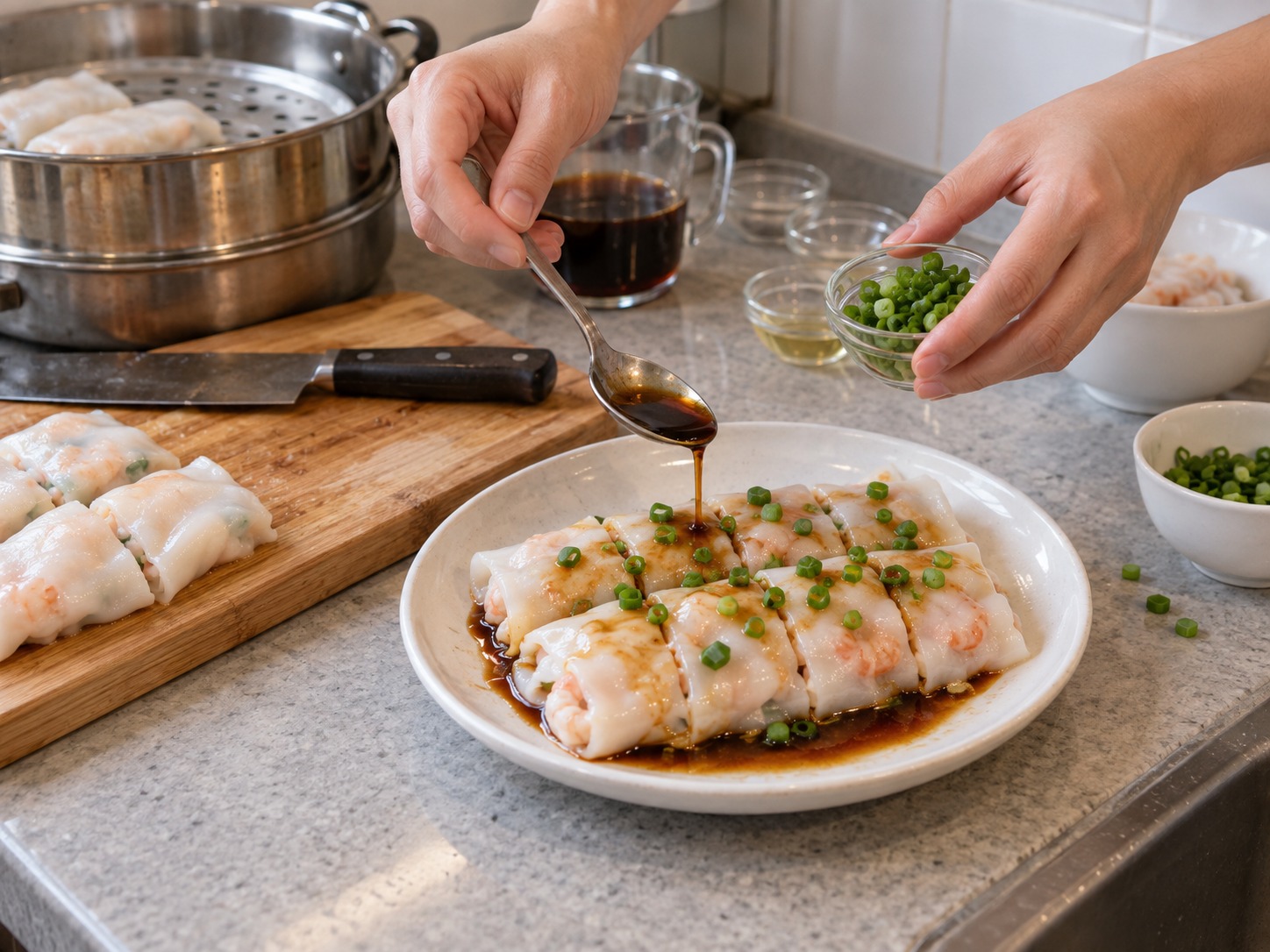 Cantonese Shrimp Rice Noodle Rolls — Cut the rolls, spoon over soy dressing and add spring onion