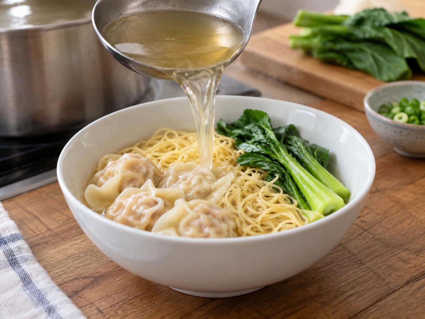 Cantonese Mami na may Wonton na Hipon — Lagyan ng sabaw at ihain