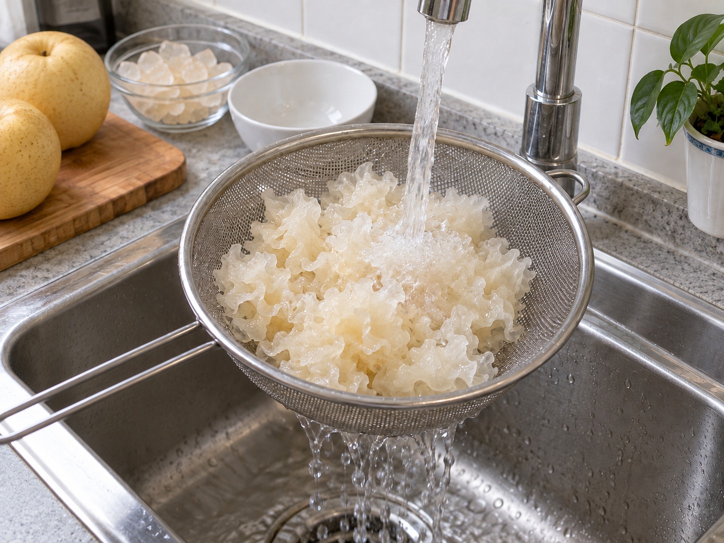 Matamis na Sabaw ng Snow Fungus at Peras — Itapon ang tubig at banlawan bawat piraso