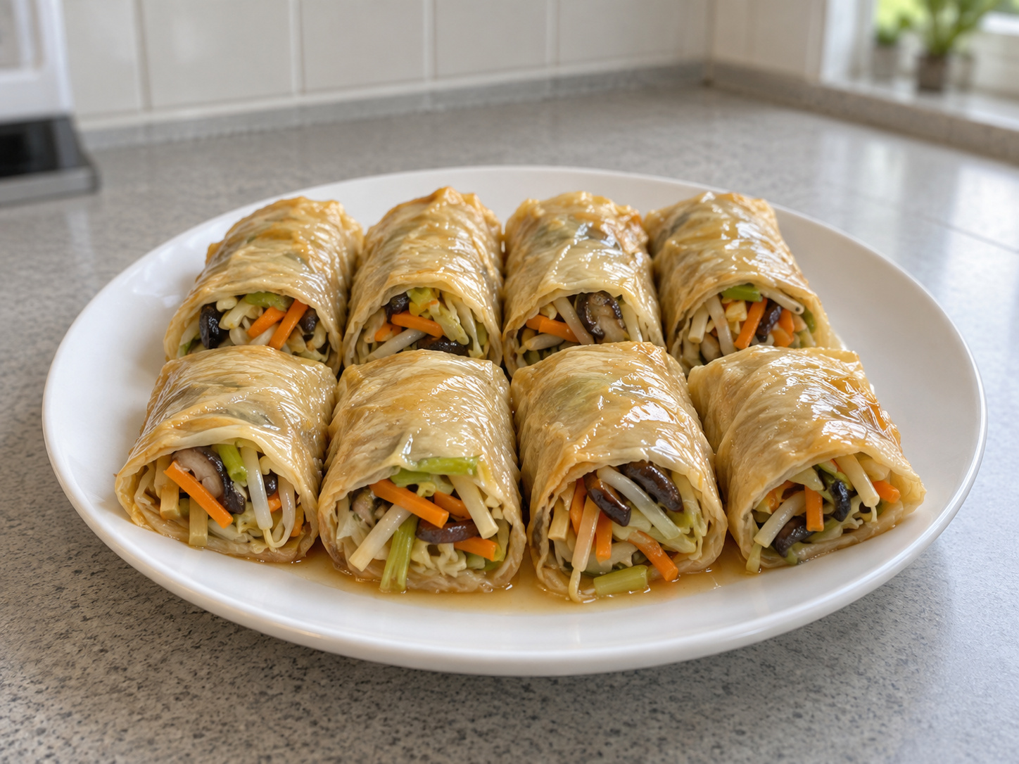 Cantonese Steamed Bean Curd Sheet Rolls na may Gulay — natapos na ulam