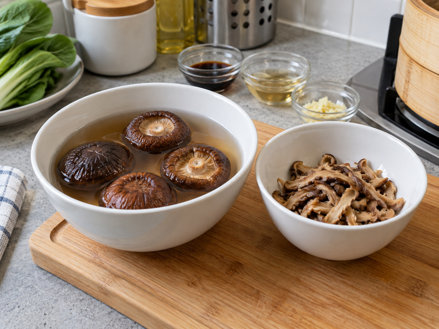 Cantonese Steamed Bean Curd Sheet Vegetable Rolls — Soak the mushrooms