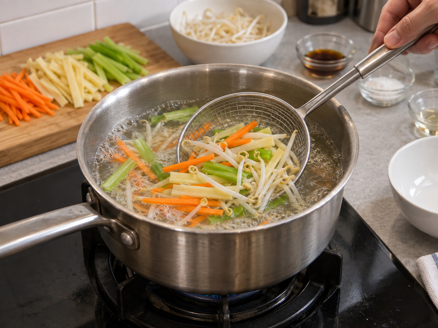 Cantonese Steamed Bean Curd Sheet Vegetable Rolls — Blanch the vegetables