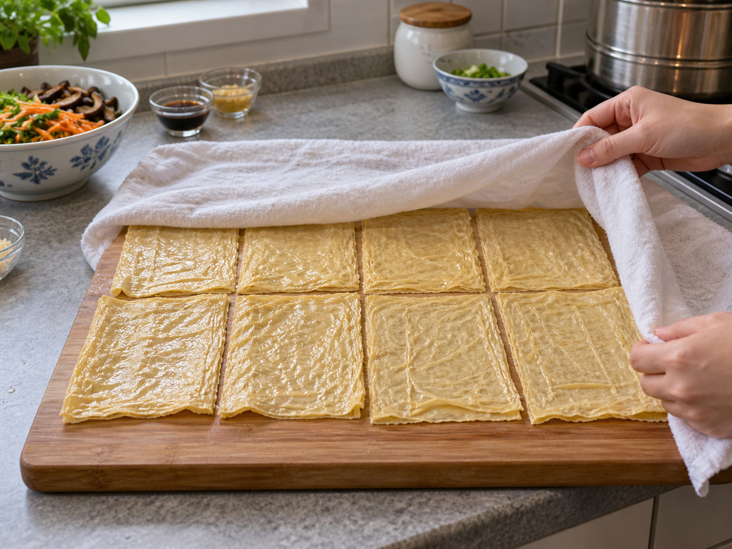 Cantonese Steamed Bean Curd Sheet Vegetable Rolls — Prepare the sheets