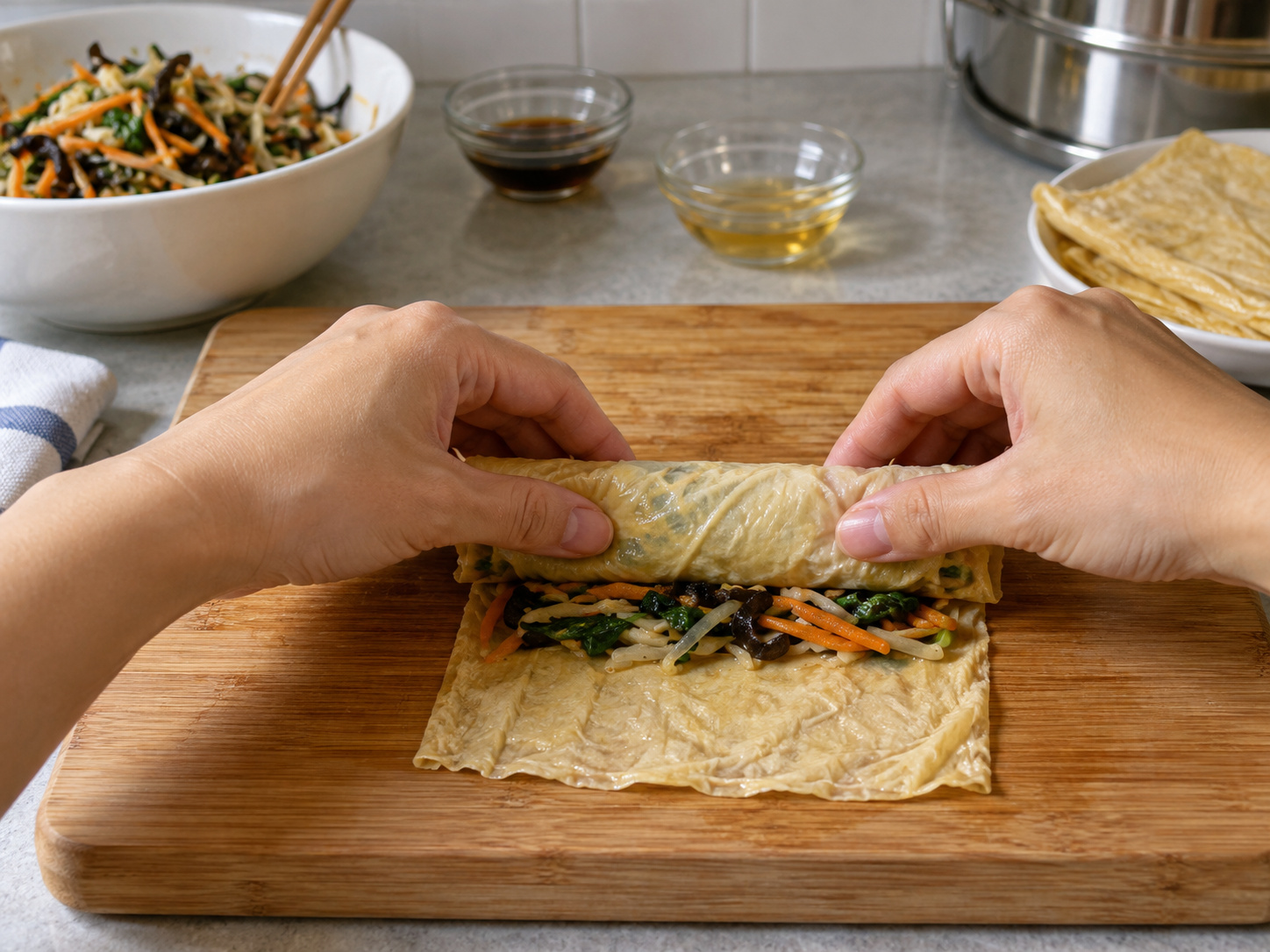 Cantonese Steamed Bean Curd Sheet Vegetable Rolls — Wrap the filling