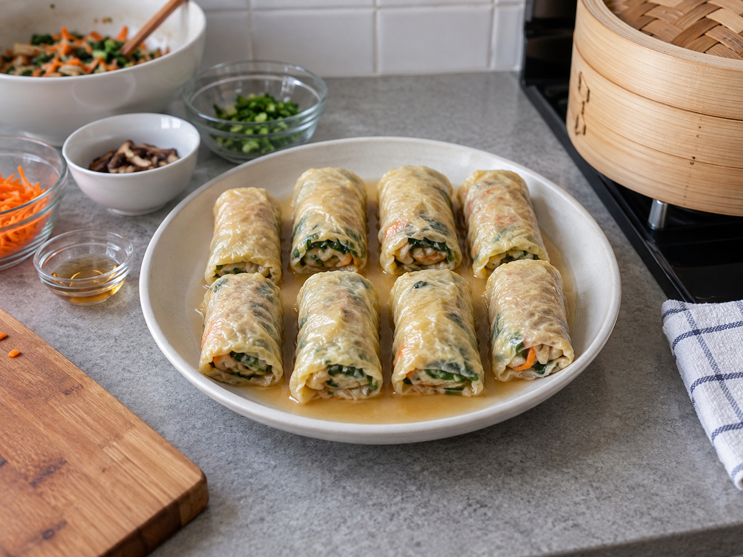 Cantonese Steamed Bean Curd Sheet Vegetable Rolls — Arrange the rolls