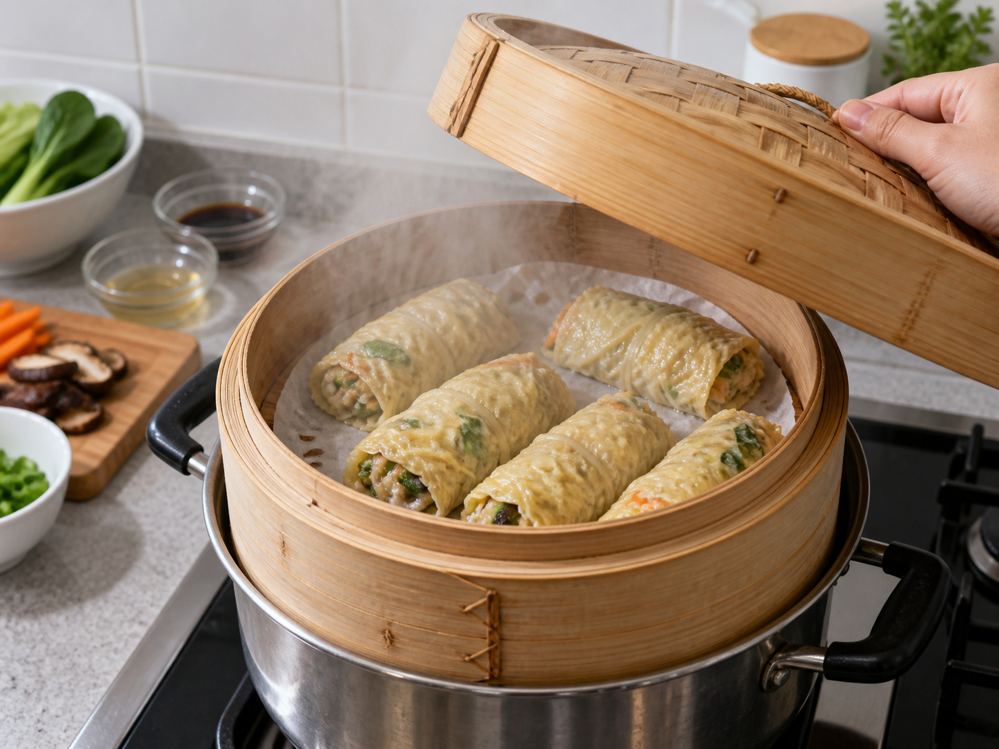 Cantonese Steamed Bean Curd Sheet Vegetable Rolls — Steam until hot