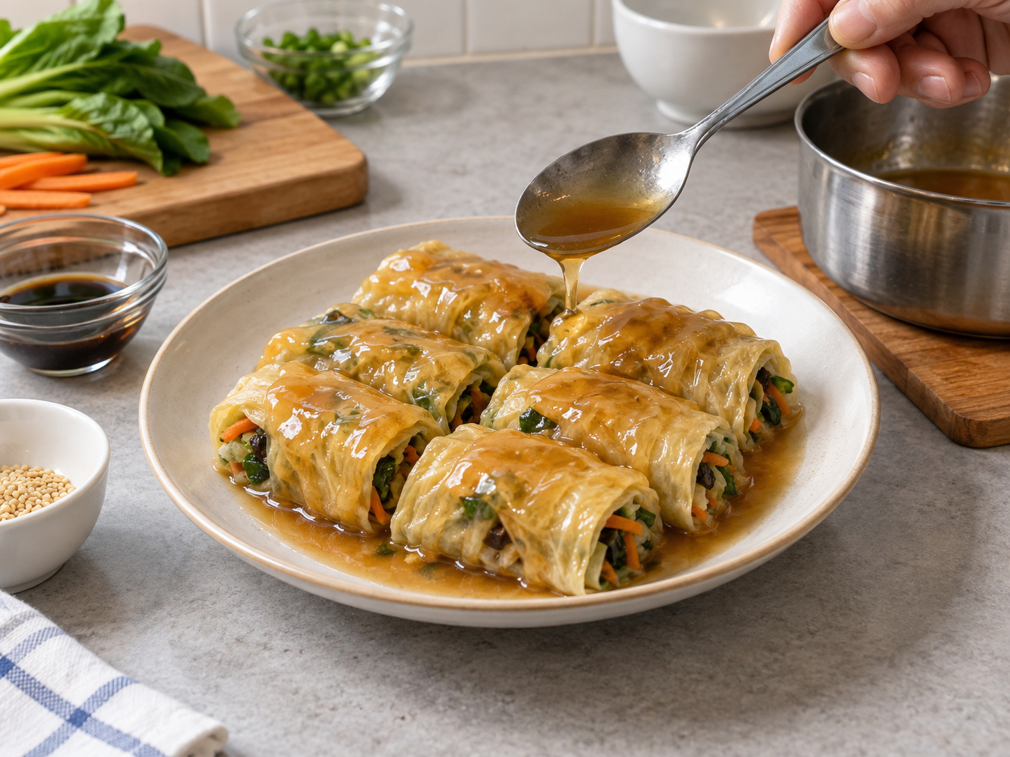 Cantonese Steamed Bean Curd Sheet Vegetable Rolls — Glaze and serve