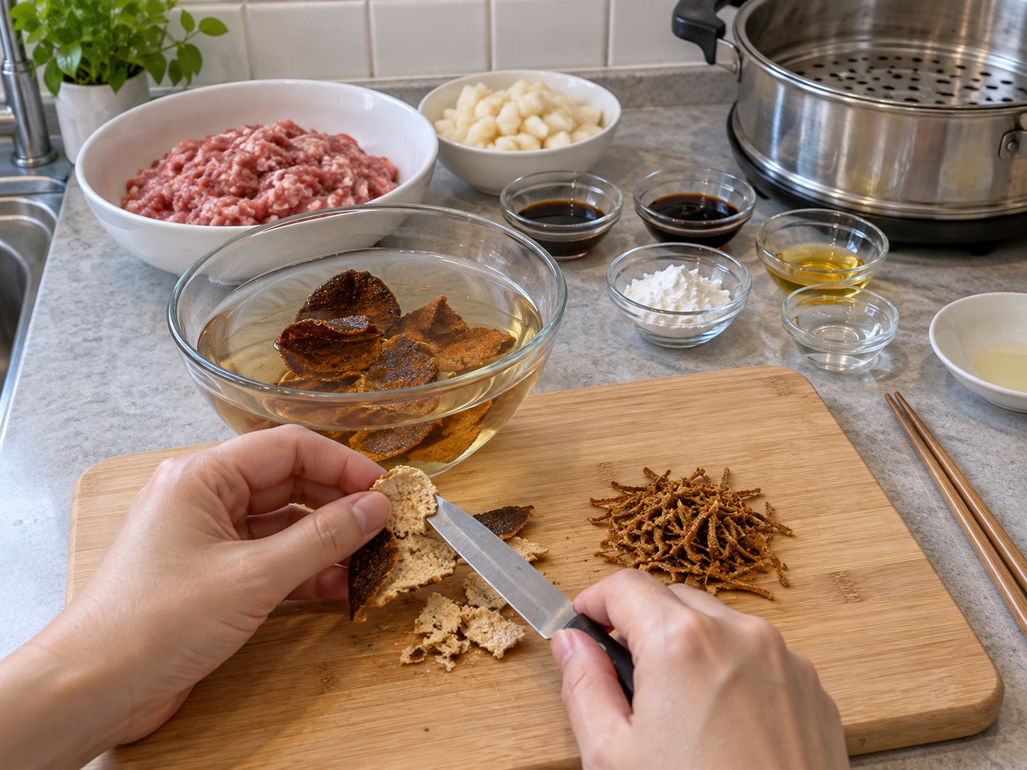 陳皮蒸牛肉球 — 陳皮浸軟，刮去白瓤後切成極幼絲
