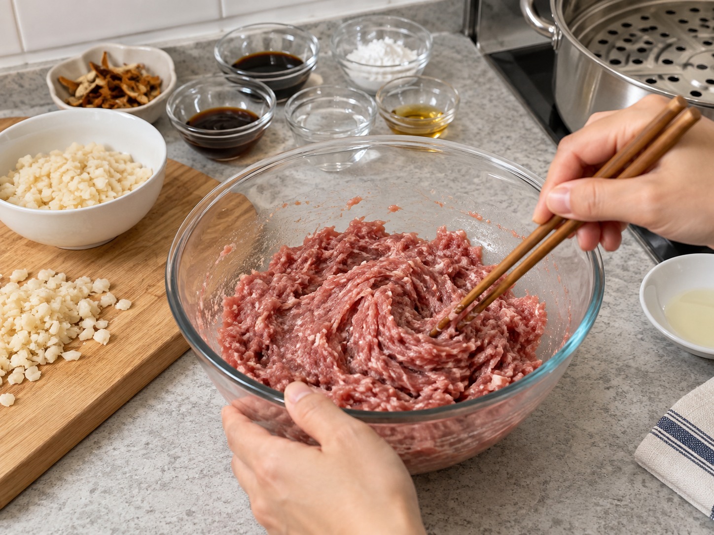 陳皮蒸牛肉球 — 牛肉餡放大碗，以筷子向同一方向攪散