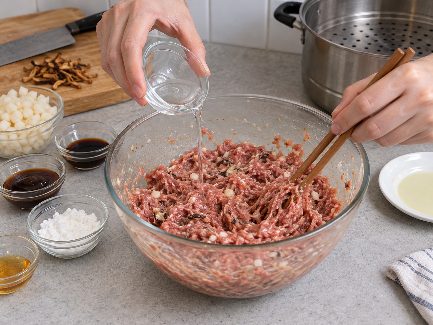 陳皮蒸牛肉球 — 分次加入兩湯匙冷水，攪至牛肉起膠