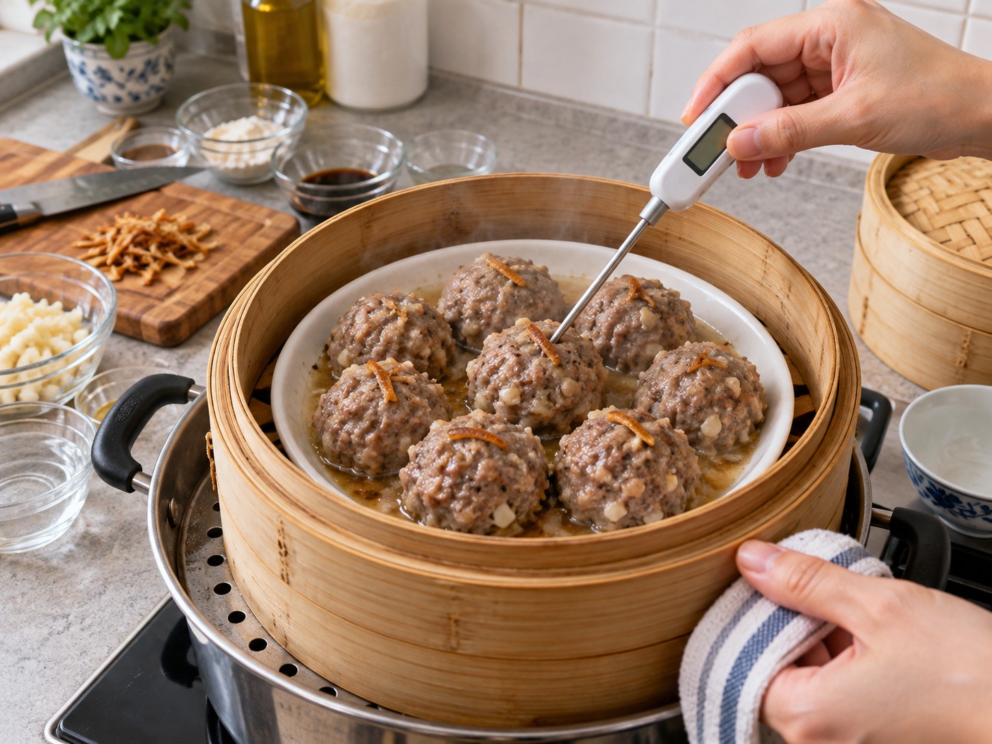 陳皮蒸牛肉球 — 中心達74°C後靜置兩分鐘，連蒸汁上桌