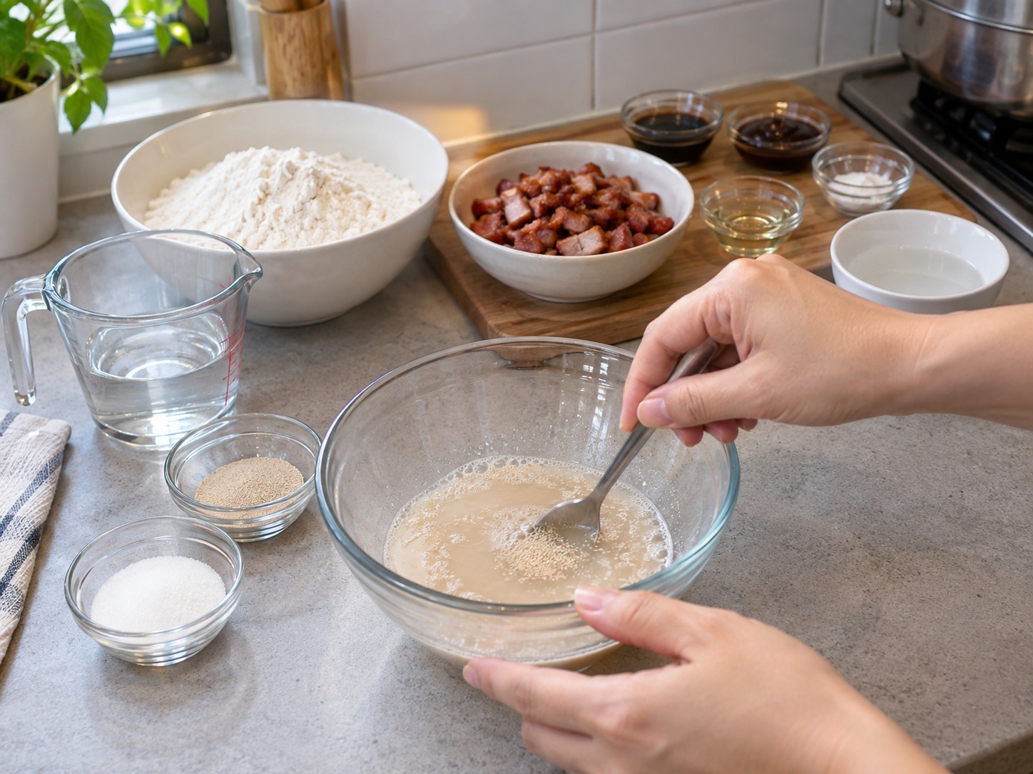 Cantonese Siopao na may Char Siu — Paghaluin ang maligamgam na tubig, yeast at asukal; iwan nang limang minuto