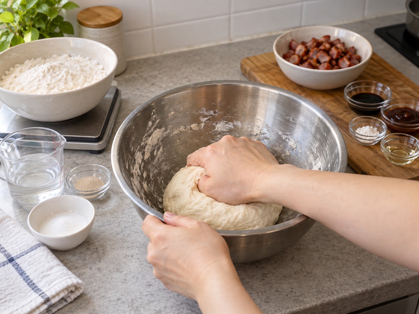 Cantonese Siopao na may Char Siu — Idagdag ang harina at masahin nang walong minuto hanggang makinis