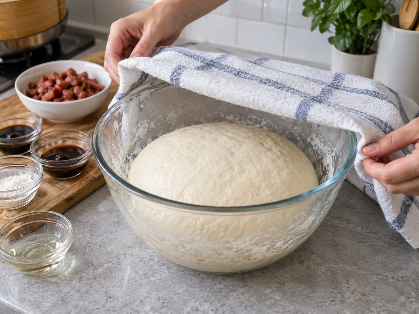 Cantonese Siopao na may Char Siu — Takpan at paalsahin sa mainit na lugar nang animnapung minuto hanggang lumaki