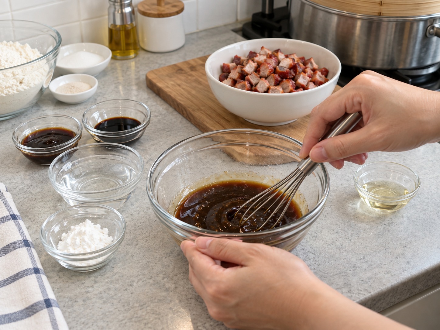 Cantonese Siopao na may Char Siu — Paghaluin ang oyster sauce, toyo, hoisin, gawgaw at tubig