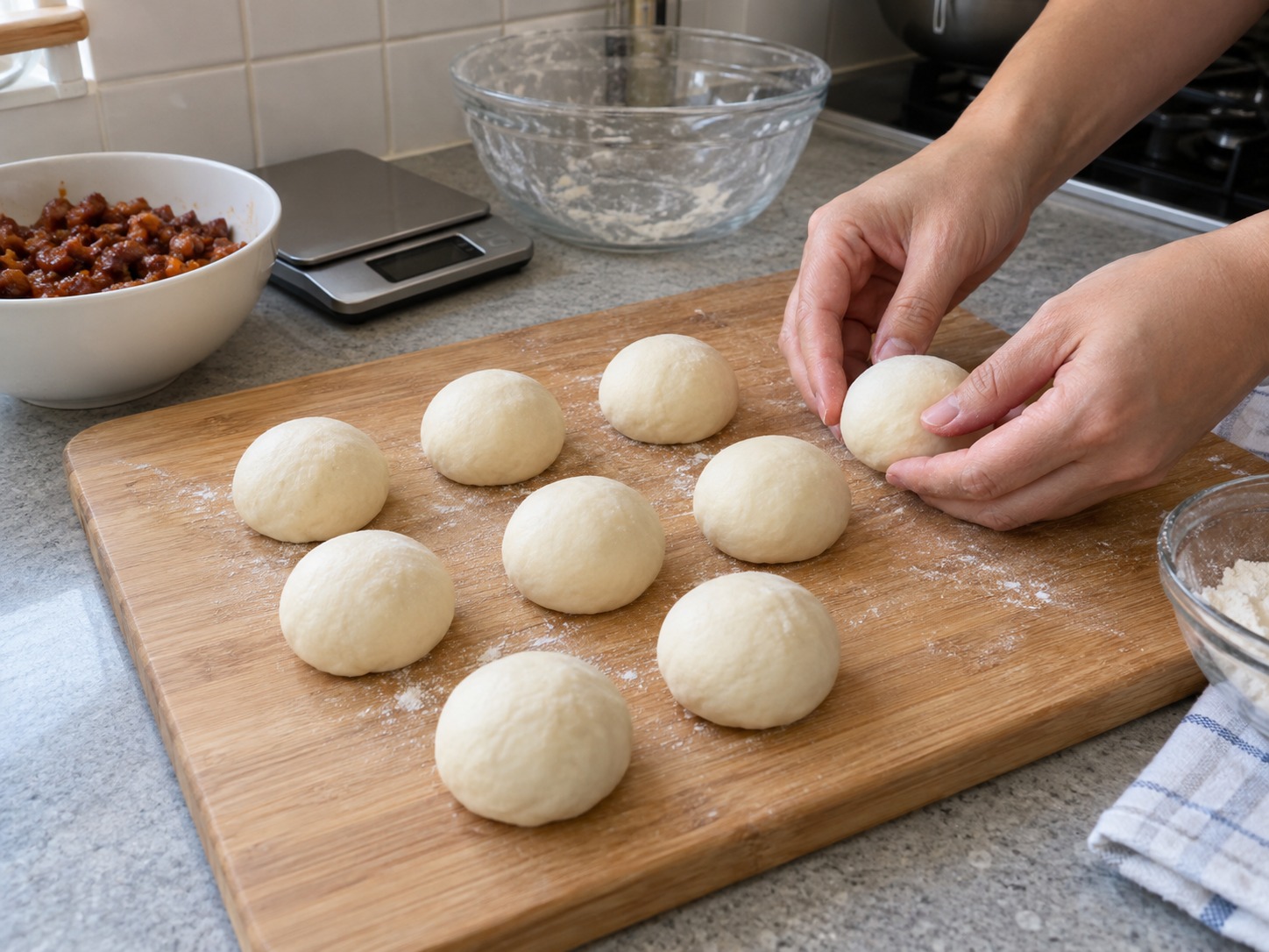 Cantonese Siopao na may Char Siu — Alisin ang hangin sa masa, hatiin sa walo at bilugin