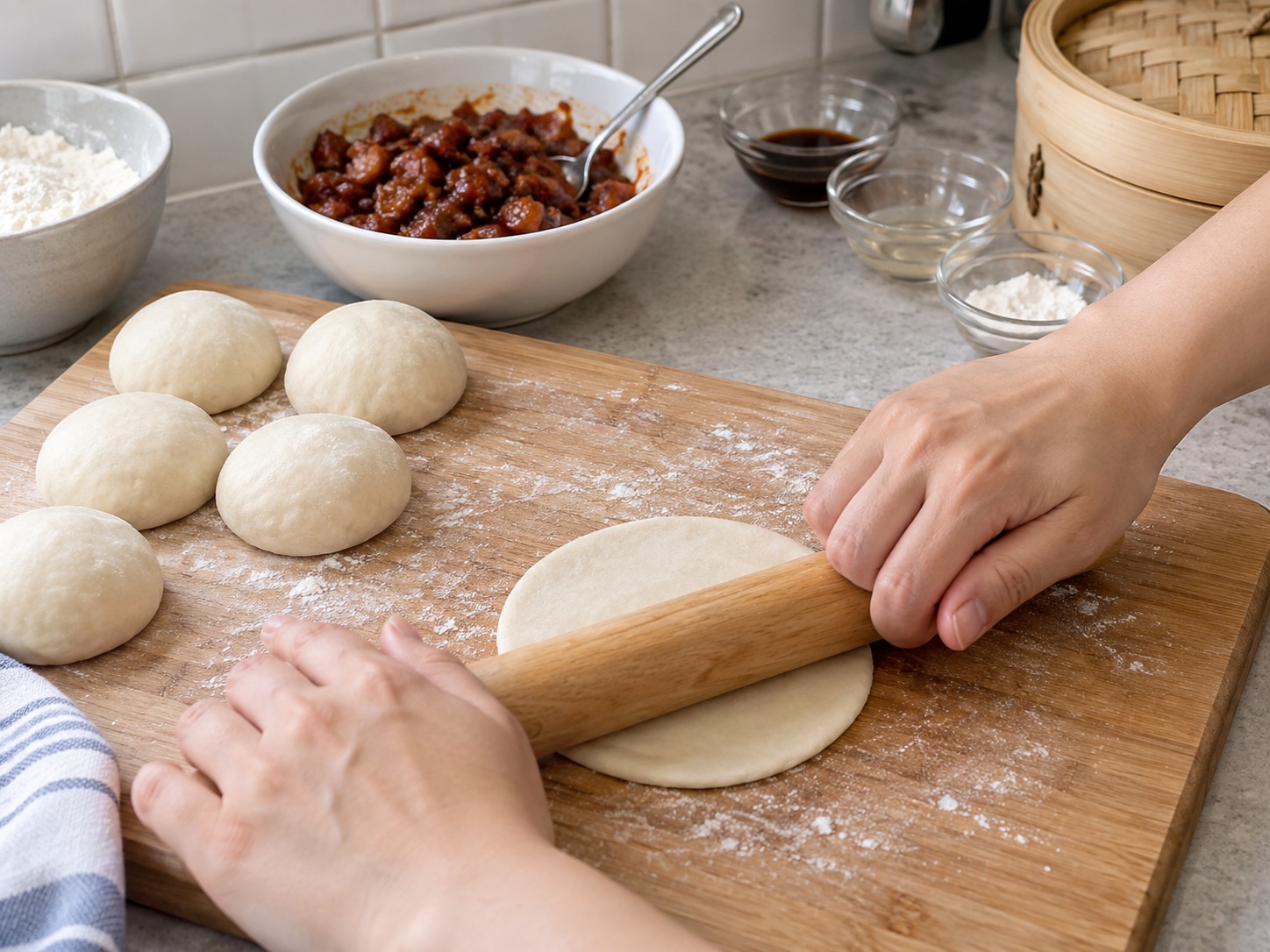 Cantonese Siopao na may Char Siu — Irolyo ang bawat bahagi na mas makapal sa gitna kaysa gilid