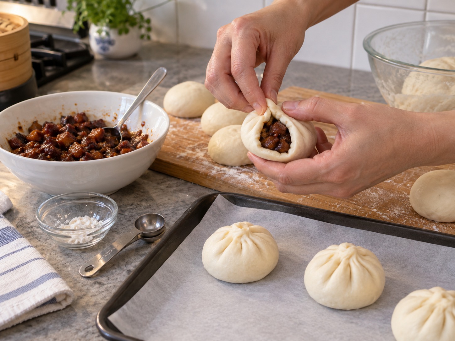 Cantonese Siopao na may Char Siu — Lagyan ng malamig na palaman, isarang mabuti at ilagay sa baking paper