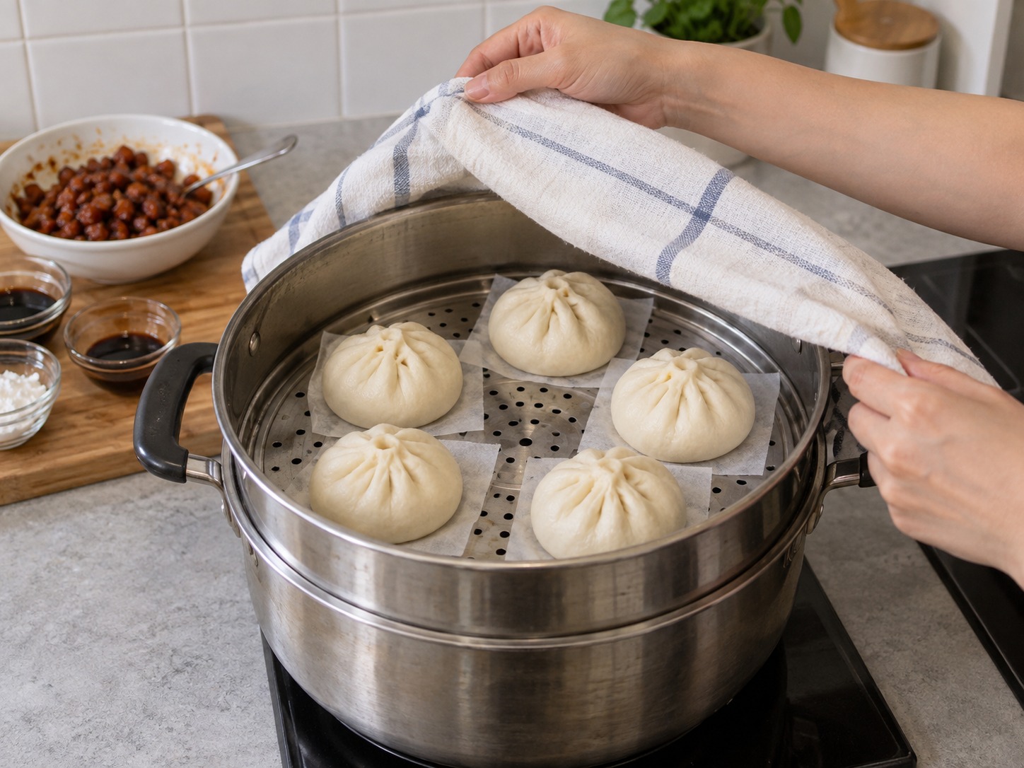 Cantonese Siopao na may Char Siu — Ilagay ang siopao sa patungan, takpan at paalsahin nang labinlimang minuto