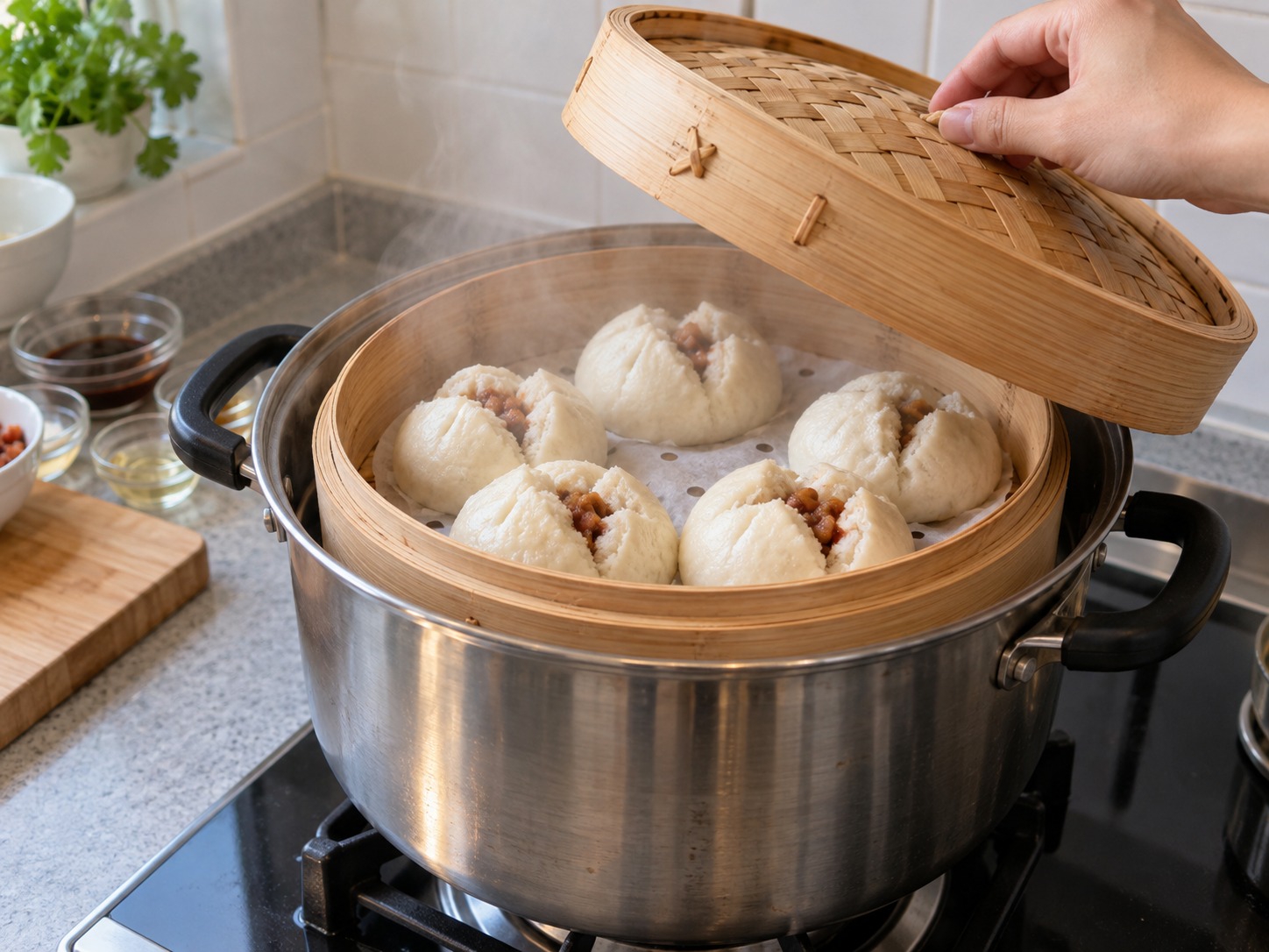 Cantonese Siopao na may Char Siu — Pasingawan sa malakas na apoy nang labindalawang minuto pag kumulo, saka iwan na nakatakip nang tatlong minuto