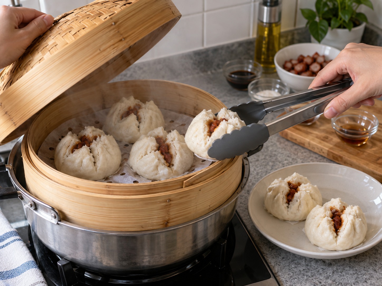 Cantonese Siopao na may Char Siu — Dahan-dahang buksan ang takip para iwas patak, saka hanguin at ihain nang mainit-init