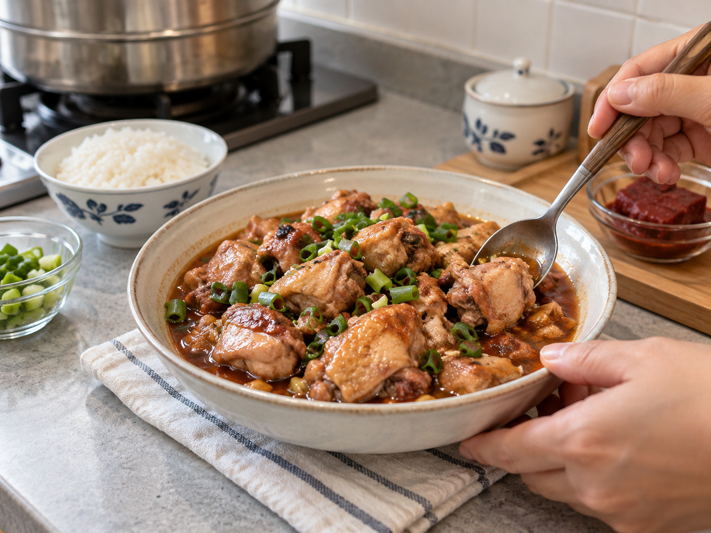 Steamed Chicken na may Pulang Fermented Bean Curd — natapos na ulam