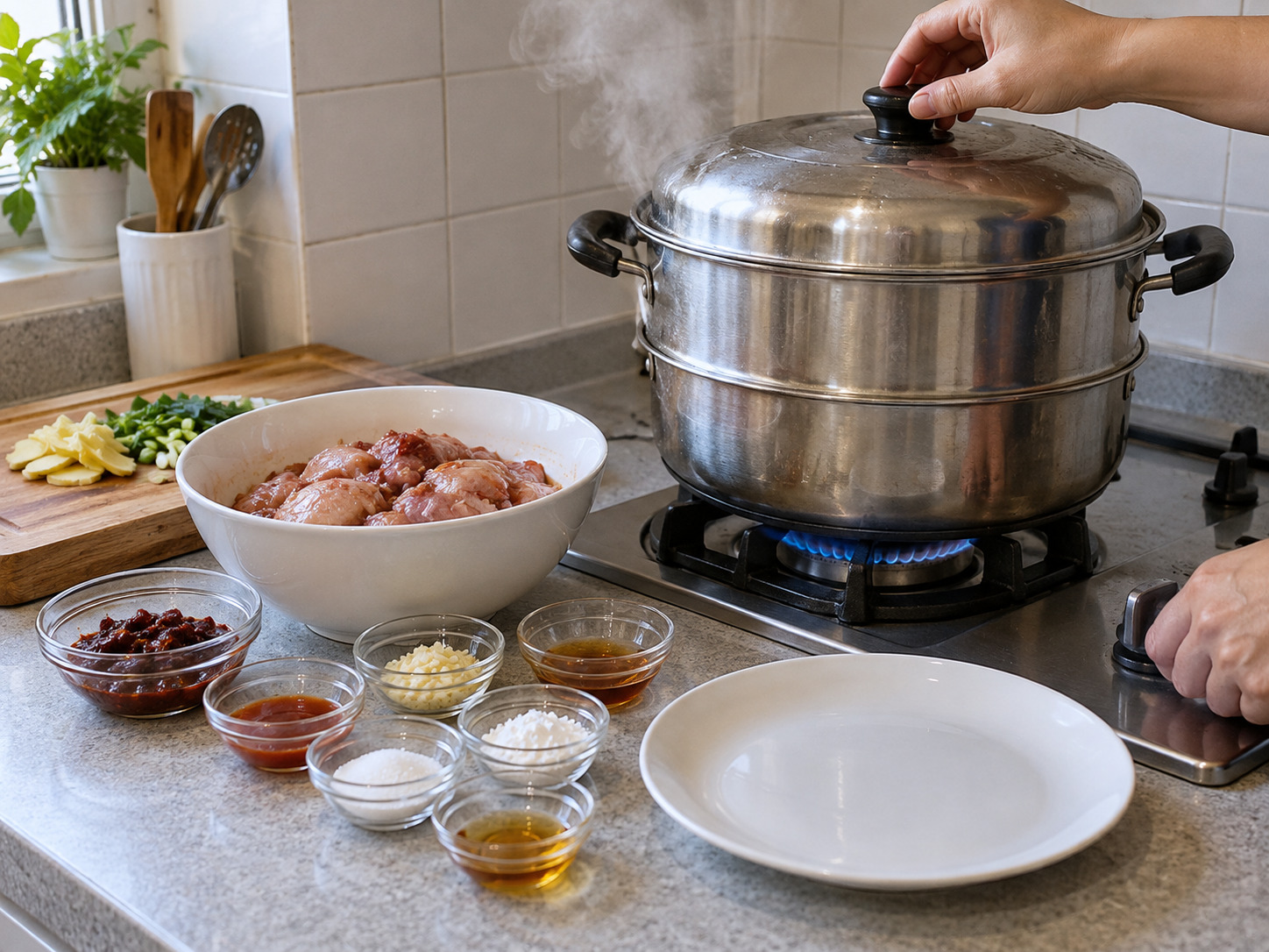Steamed Chicken na may Pulang Fermented Bean Curd — Painitin ang steamer