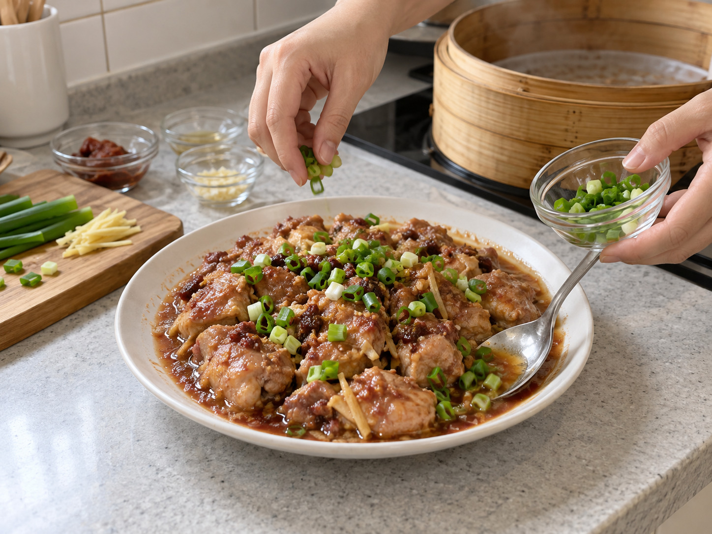 Steamed Chicken na may Pulang Fermented Bean Curd — Tapusin at ihain