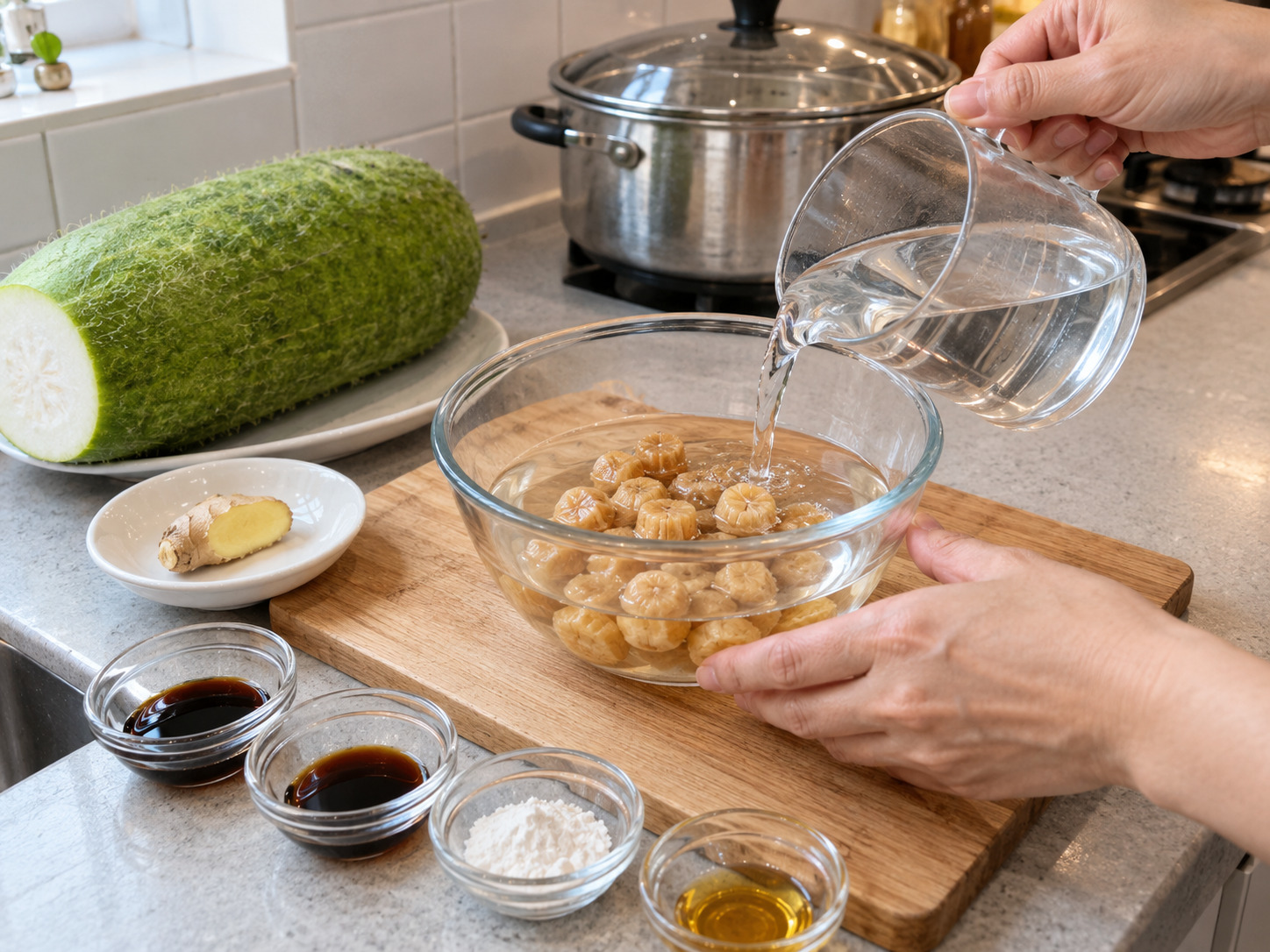 Labu Berbulu Kukus dengan Kerang Simping Kering — Rendam scallop
