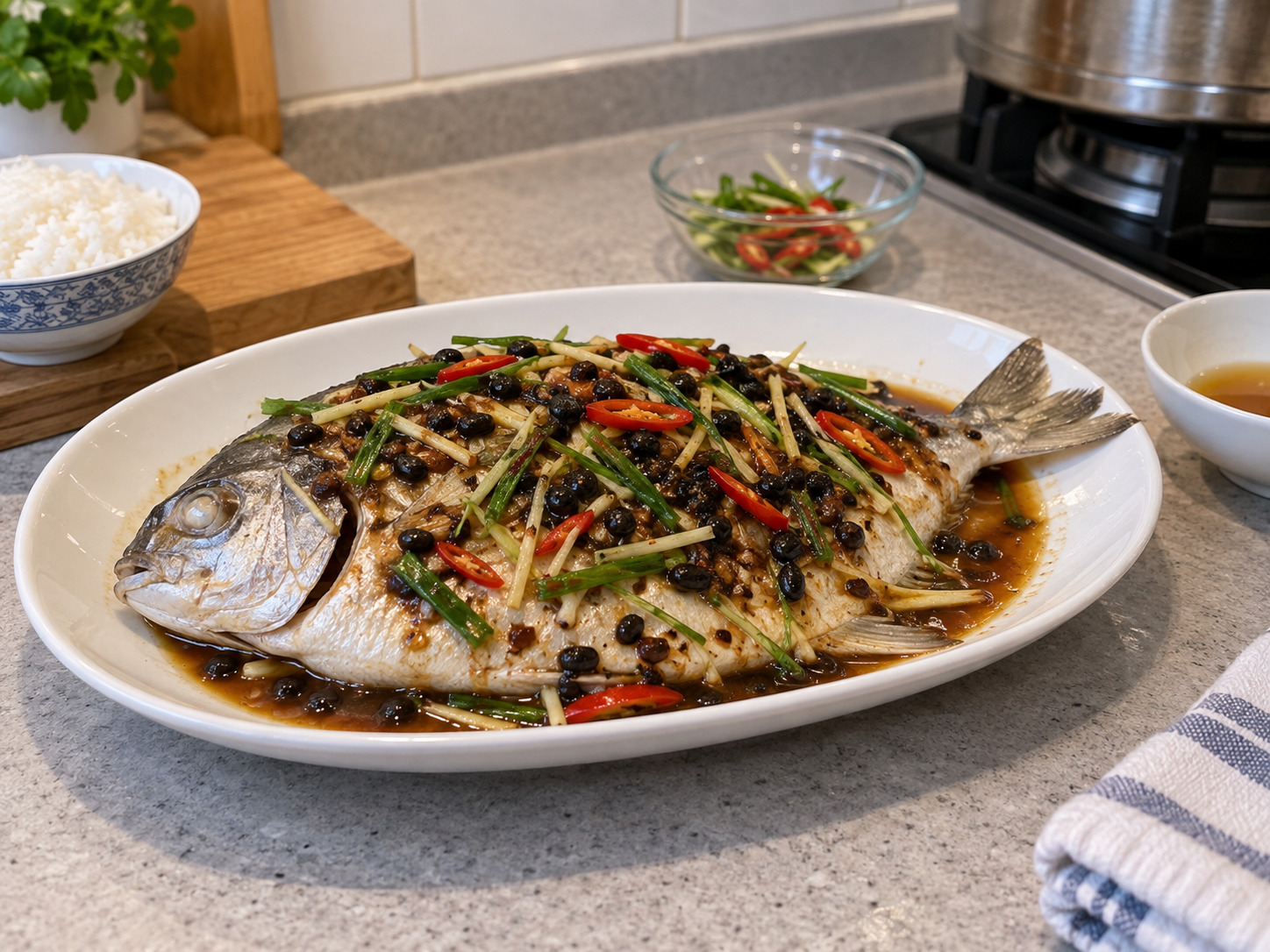 Pinasingawang Pomfret sa Black Bean Sauce — natapos na ulam