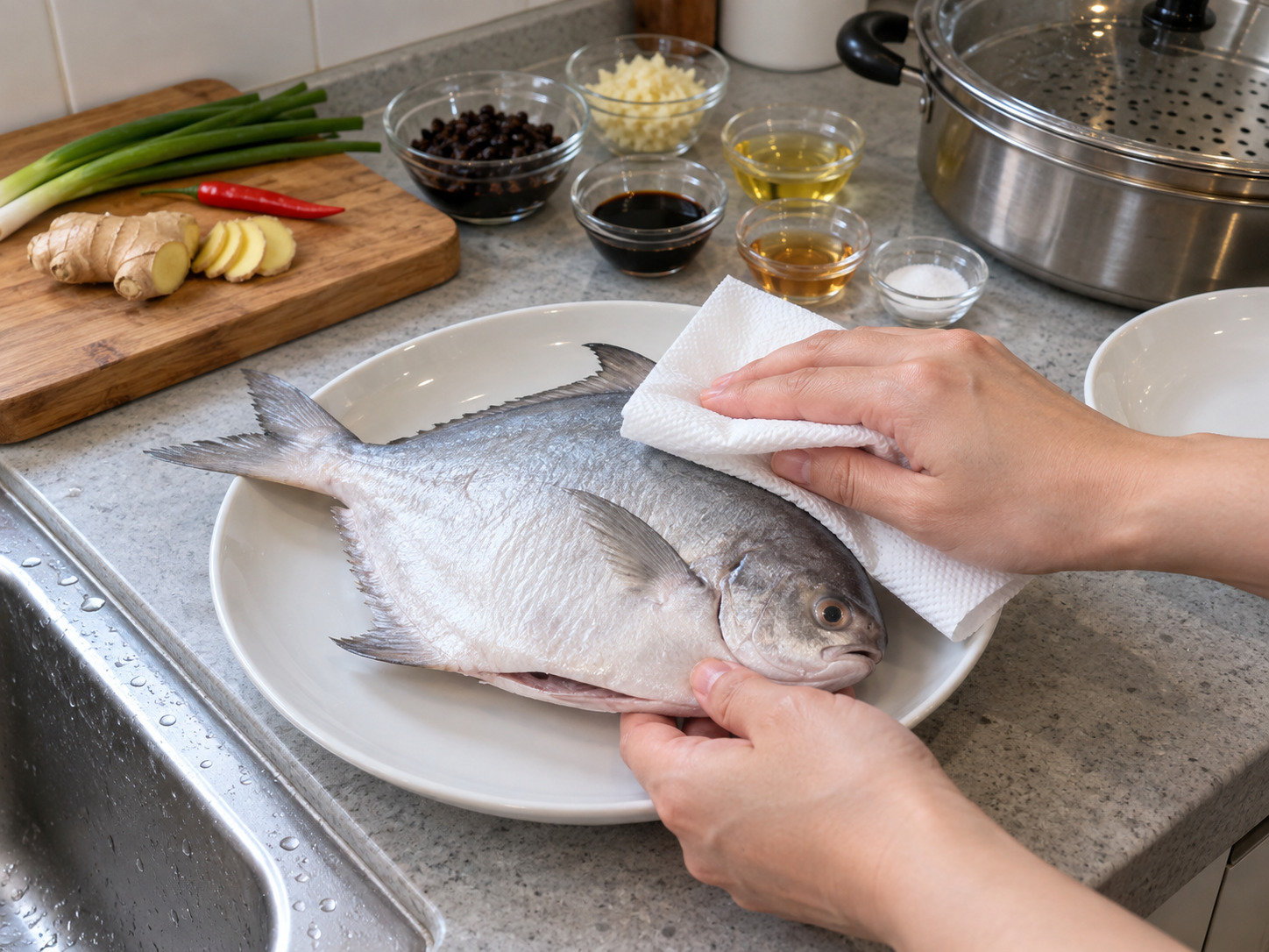 Steamed Pomfret with Black Bean Sauce — Rinse and dry