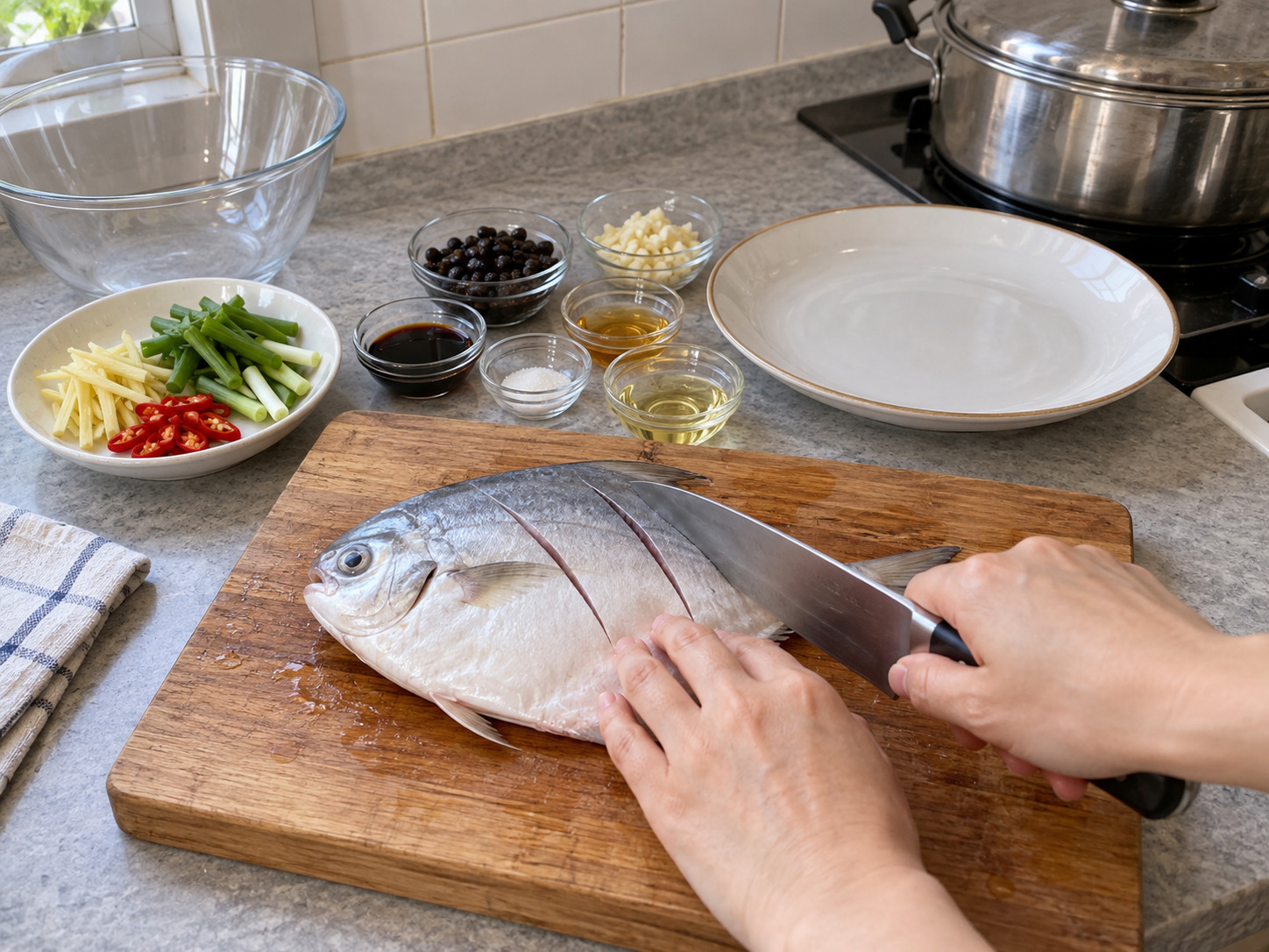 Steamed Pomfret with Black Bean Sauce — Score the fish