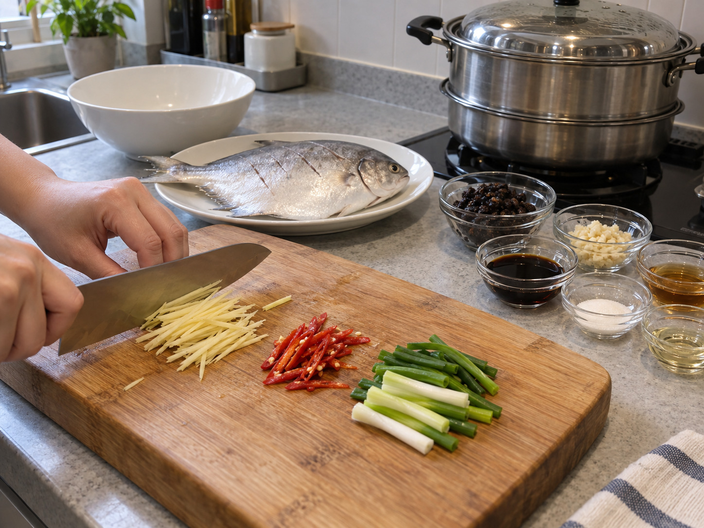 Steamed Pomfret with Black Bean Sauce — Cut the aromatics