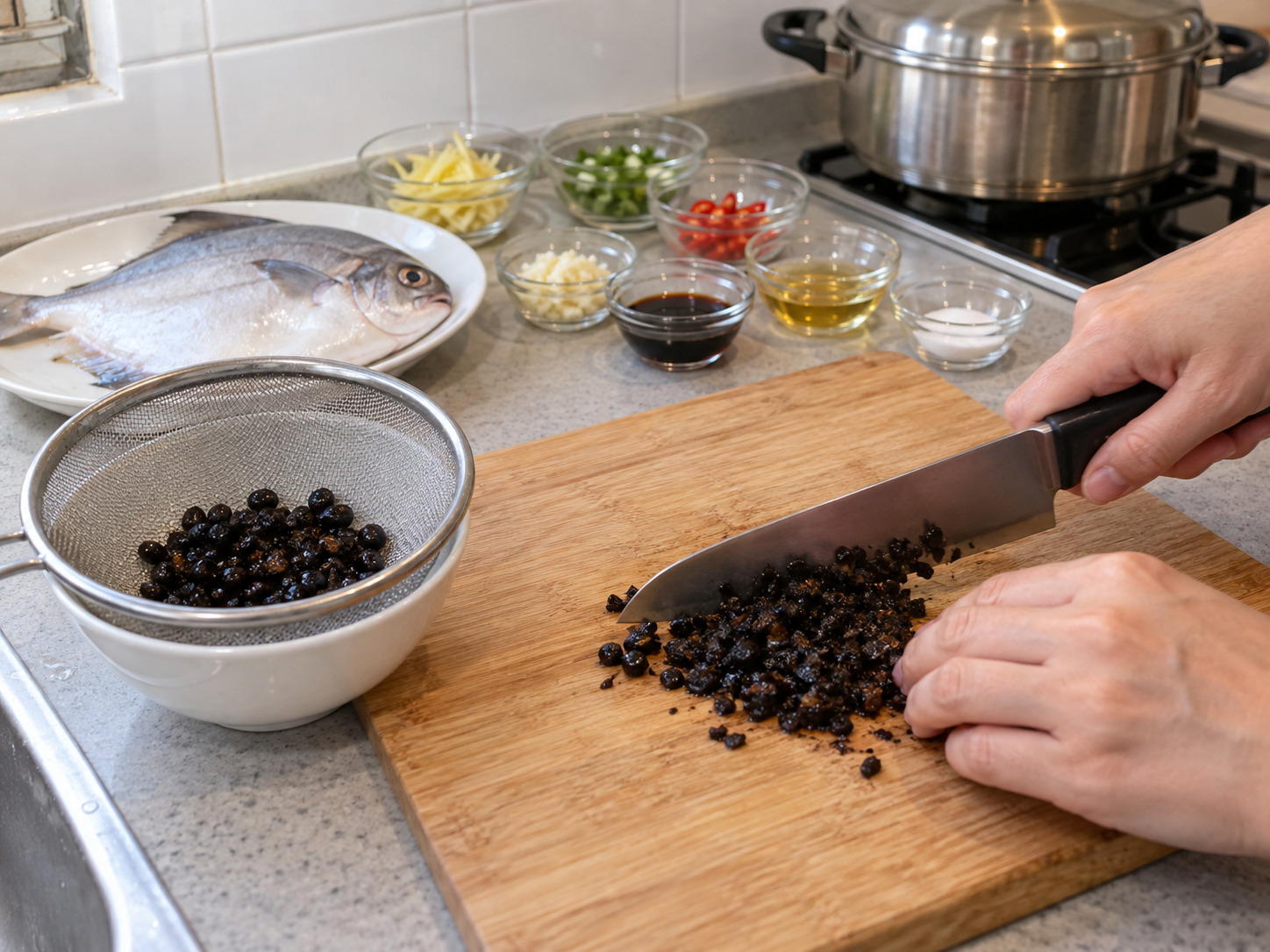 Steamed Pomfret with Black Bean Sauce — Rinse the beans