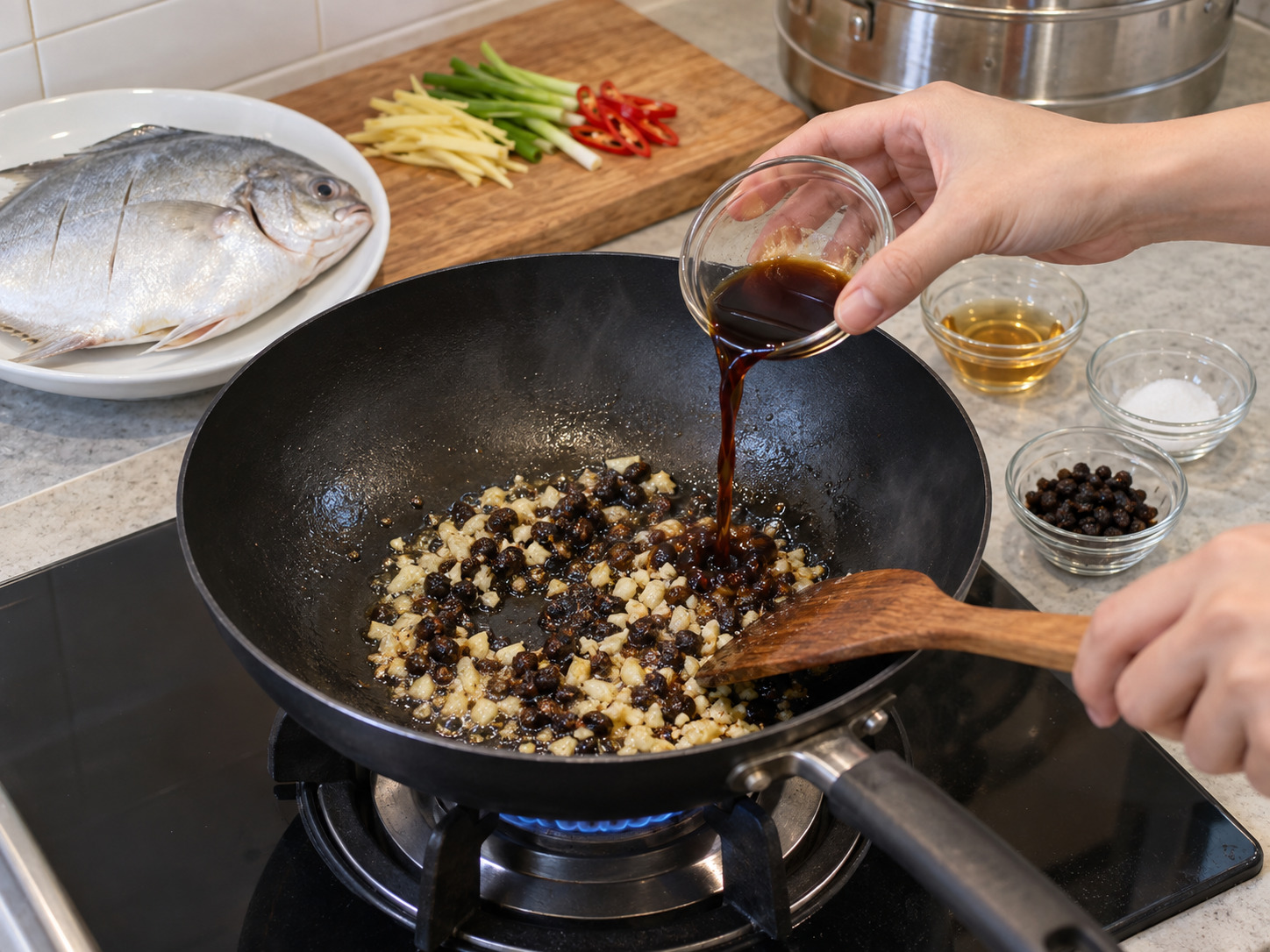 Steamed Pomfret with Black Bean Sauce — Make the sauce