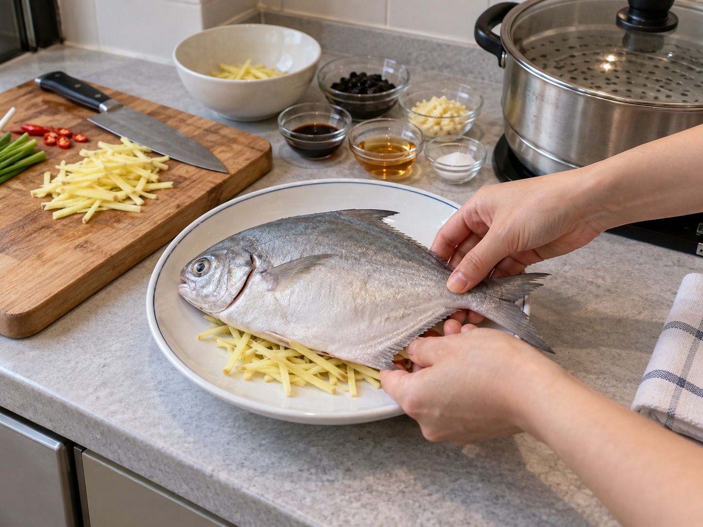 Steamed Pomfret with Black Bean Sauce — Make a ginger bed