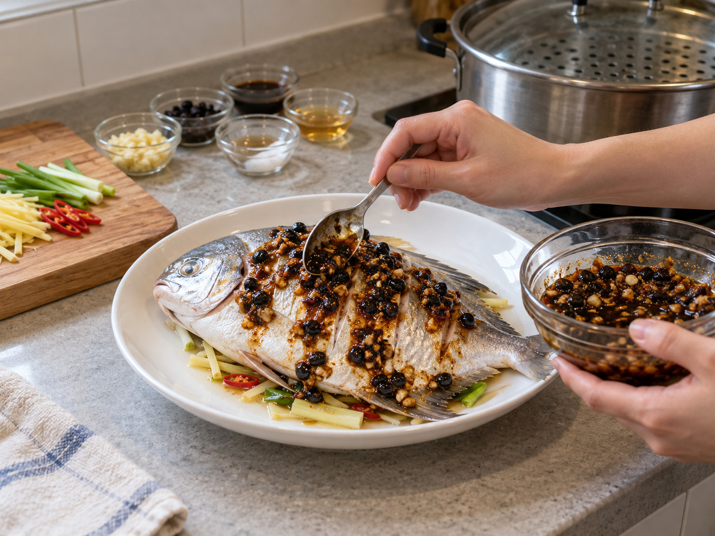 Steamed Pomfret with Black Bean Sauce — Add the sauce