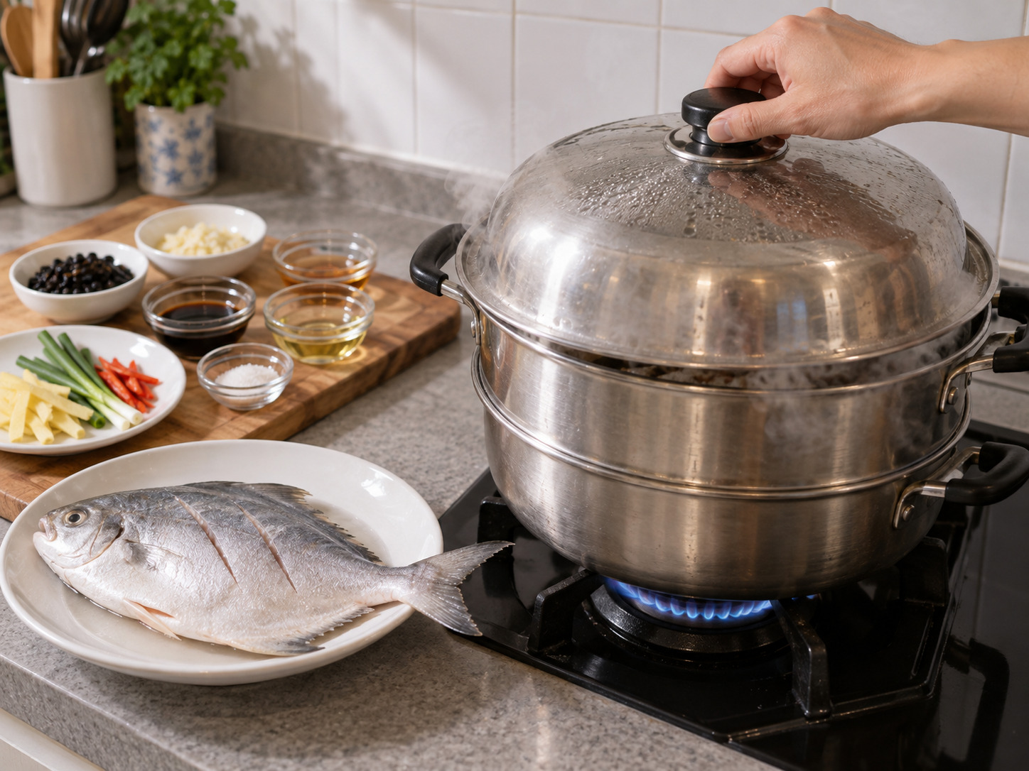 Steamed Pomfret with Black Bean Sauce — Preheat the steamer