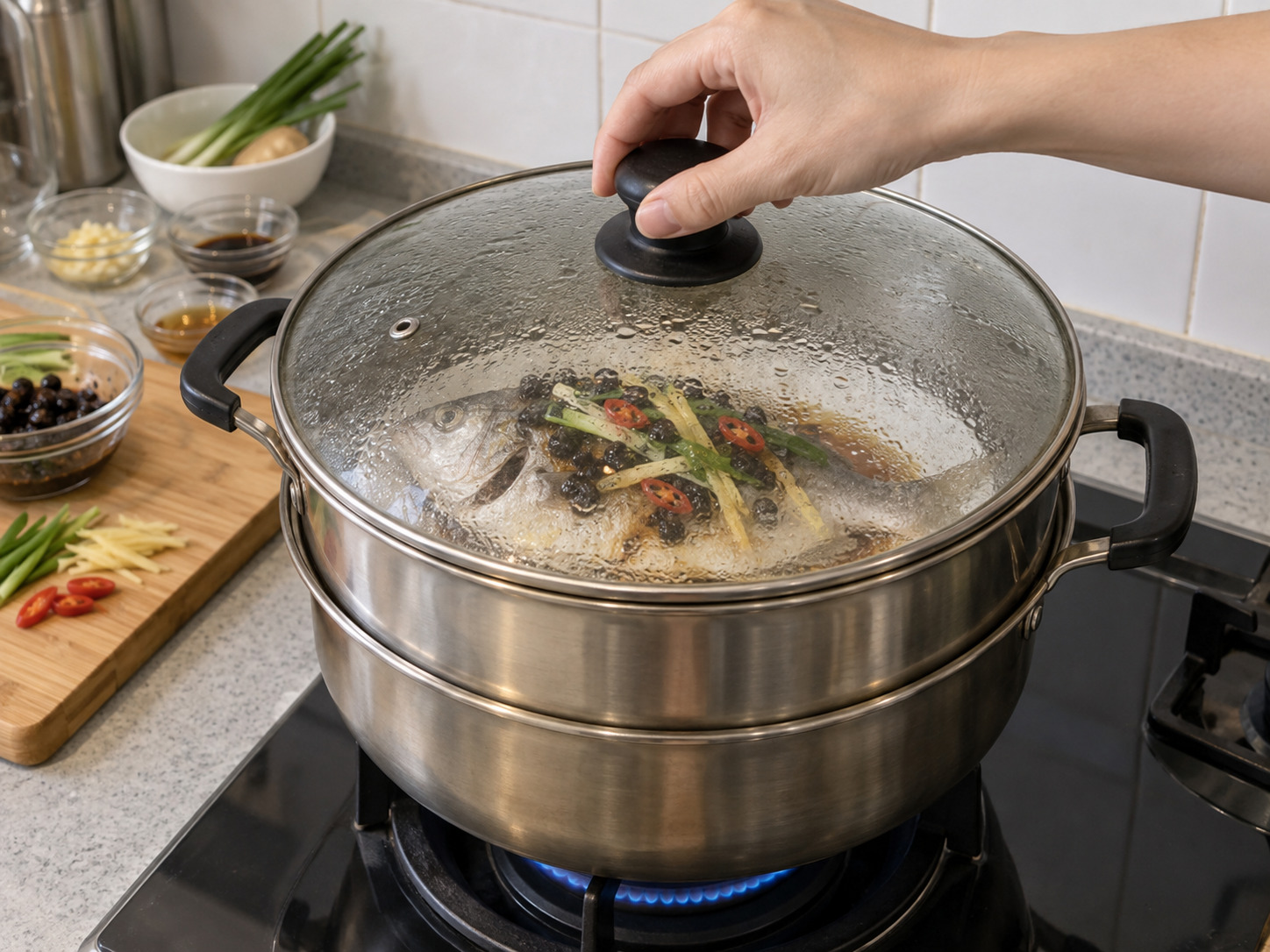Steamed Pomfret with Black Bean Sauce — Steam the fish