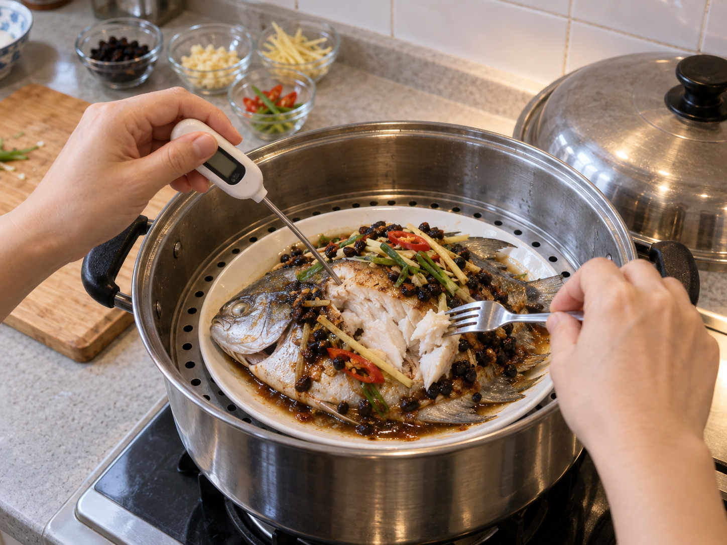 Steamed Pomfret with Black Bean Sauce — Check doneness