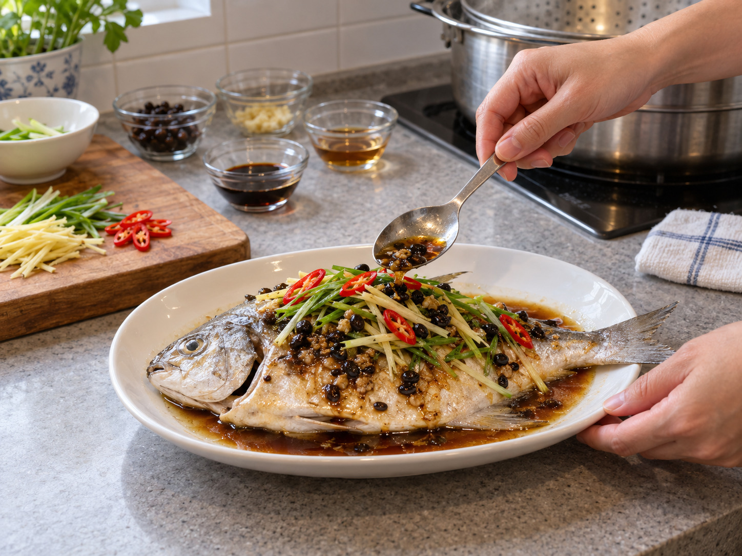 Steamed Pomfret with Black Bean Sauce — Finish and serve