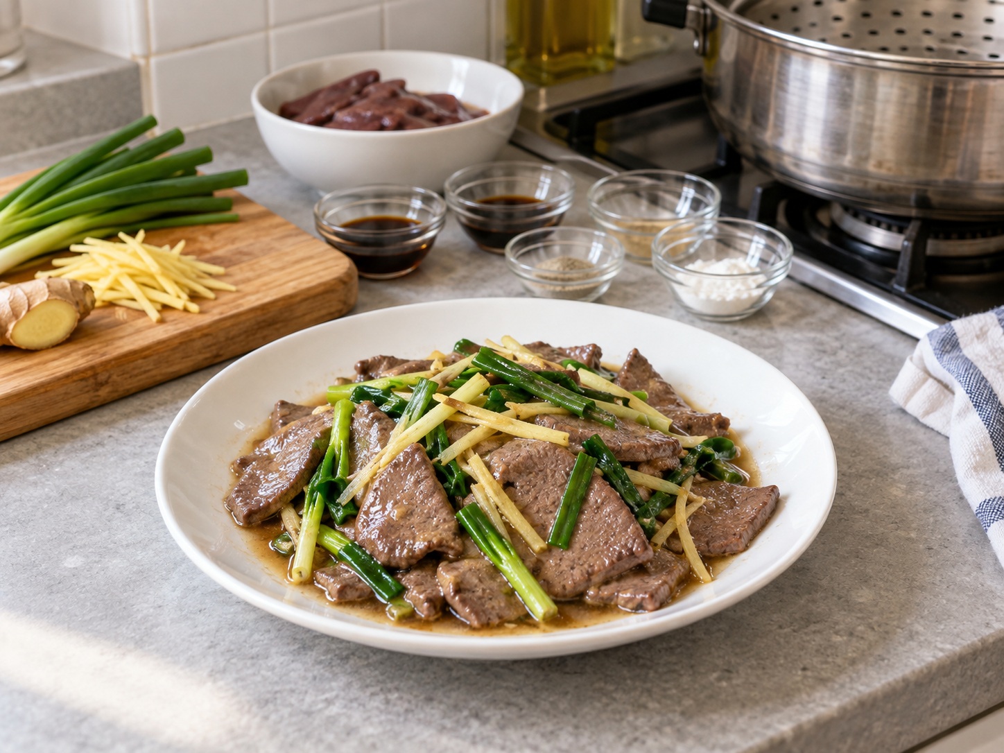 Cantonese Steamed Pork Liver na may Luya at Sibuyas Dahon — natapos na ulam