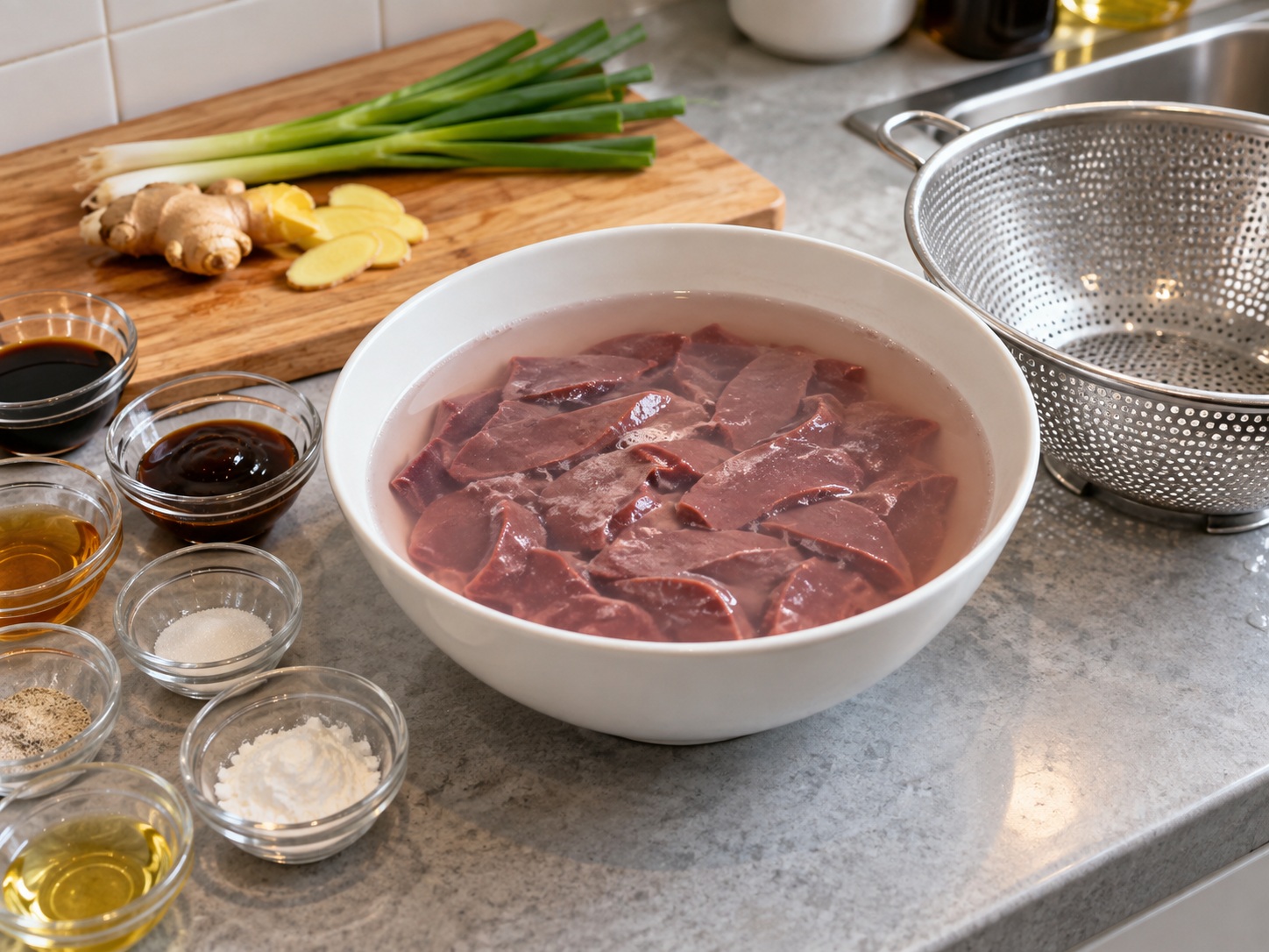 Cantonese Steamed Pork Liver na may Luya at Sibuyas Dahon — Ibabad ang dugo